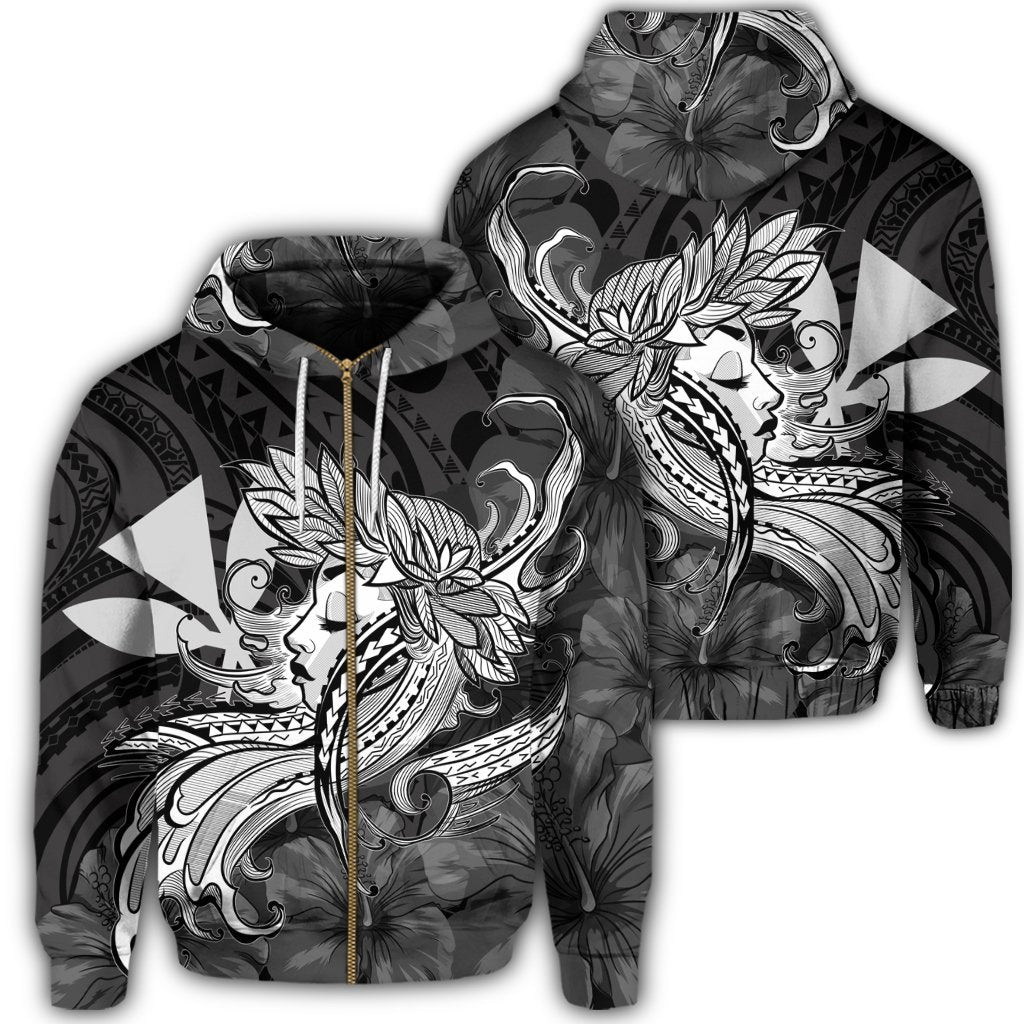 Hawaiian Map Hula Girl Hibiscus Kanaka Polynesian Zip Hoodie White Unisex Art - Polynesian Pride