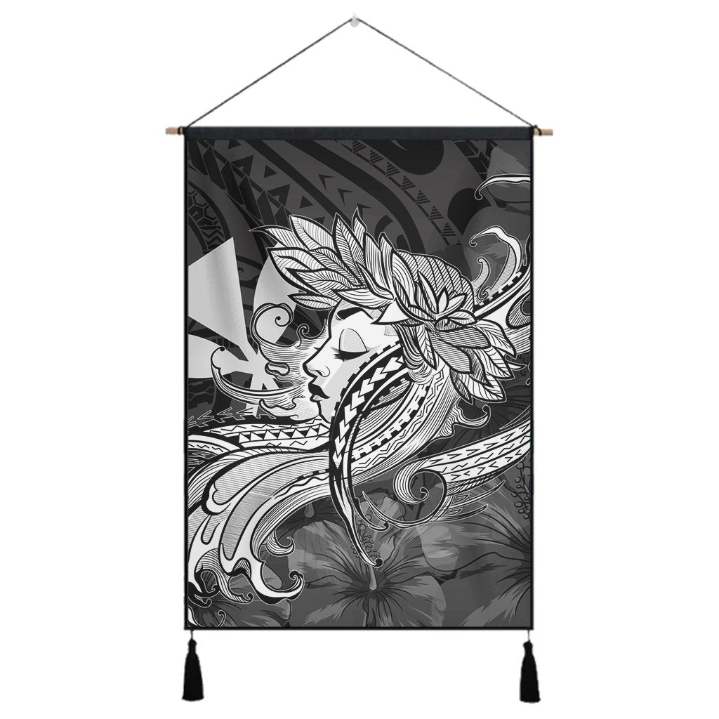 Hawaiian Map Hula Girl Hibiscus Kanaka Polynesian Hanging Poster - White - AH Hanging Poster Cotton And Linen - Polynesian Pride