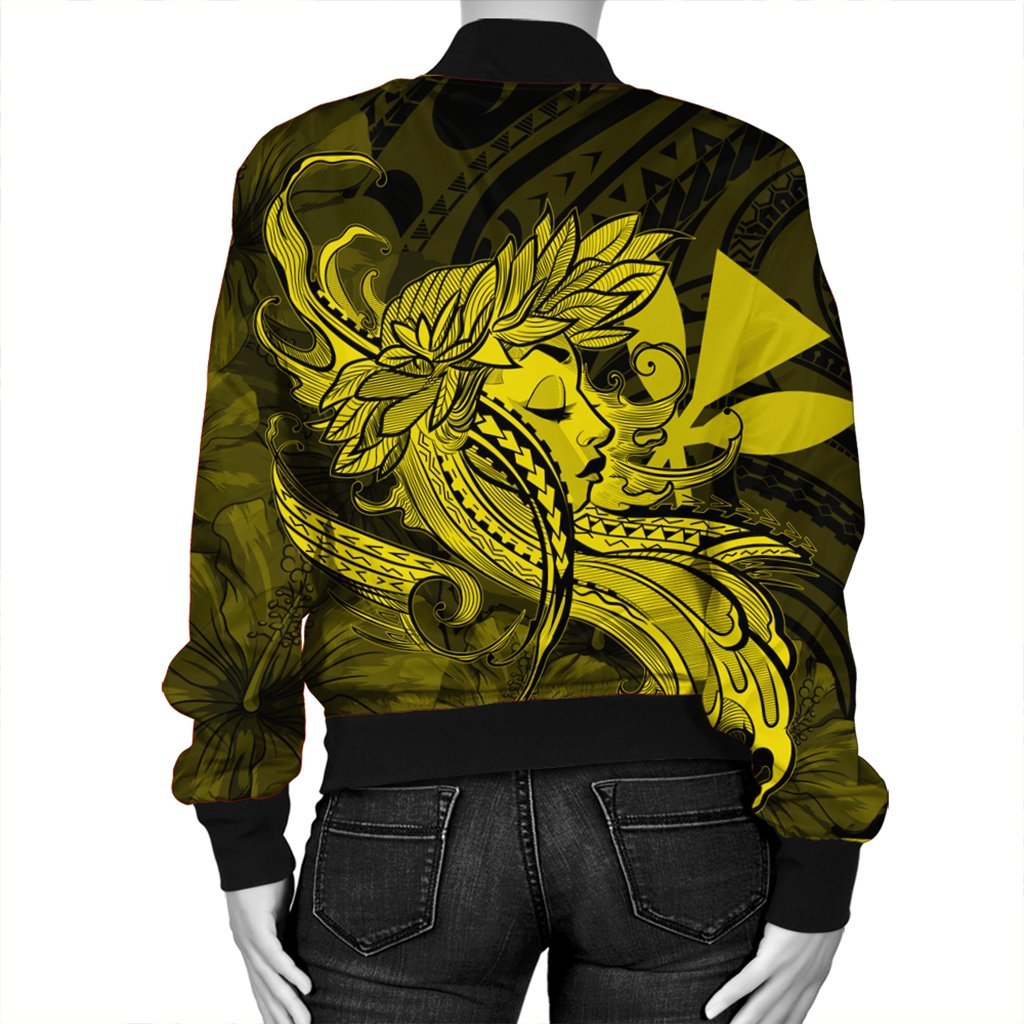 Hawaiian Map Hula Girl Hibiscus Kanaka Polynesian Bomber Jacket - Yellow - AH - Polynesian Pride