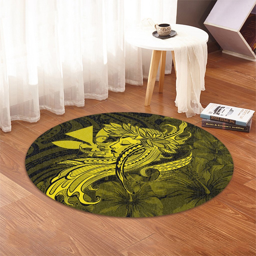 Hawaiian Map Hula Girl Hibiscus Kanaka Polynesian Round Carpet - Yellow - AH - Polynesian Pride