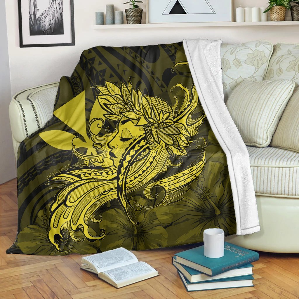 Hawaiian Map Hula Girl Hibiscus Kanaka Polynesian Premium Blankets - Yellow - AH White - Polynesian Pride