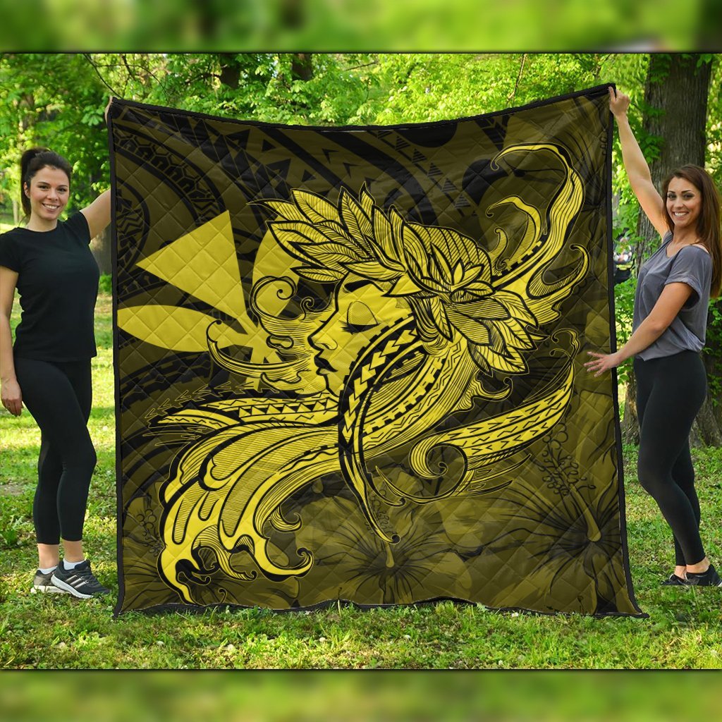 Hawaiian Map Hula Girl Hibiscus Kanaka Polynesian Premium Quilts - Yellow - AH Black - Polynesian Pride