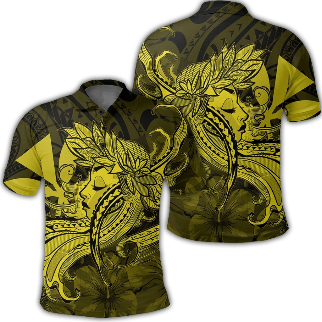 Hawaiian Map Hula Girl Hibiscus Kanaka Polynesian Polo Shirt Yellow Unisex Black - Polynesian Pride