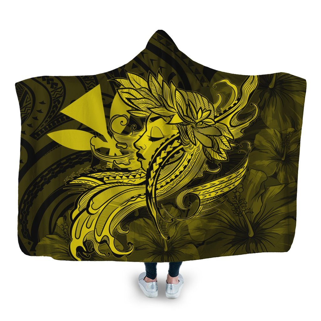 Hawaiian Map Hula Girl Hibiscus Kanaka Polynesian Hooded Blanket - Yellow - AH Hooded Blanket White - Polynesian Pride