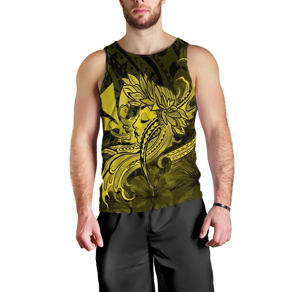 Hawaiian Map Hula Girl Hibiscus Kanaka Polynesian Tank Top - Yellow - AH Black - Polynesian Pride