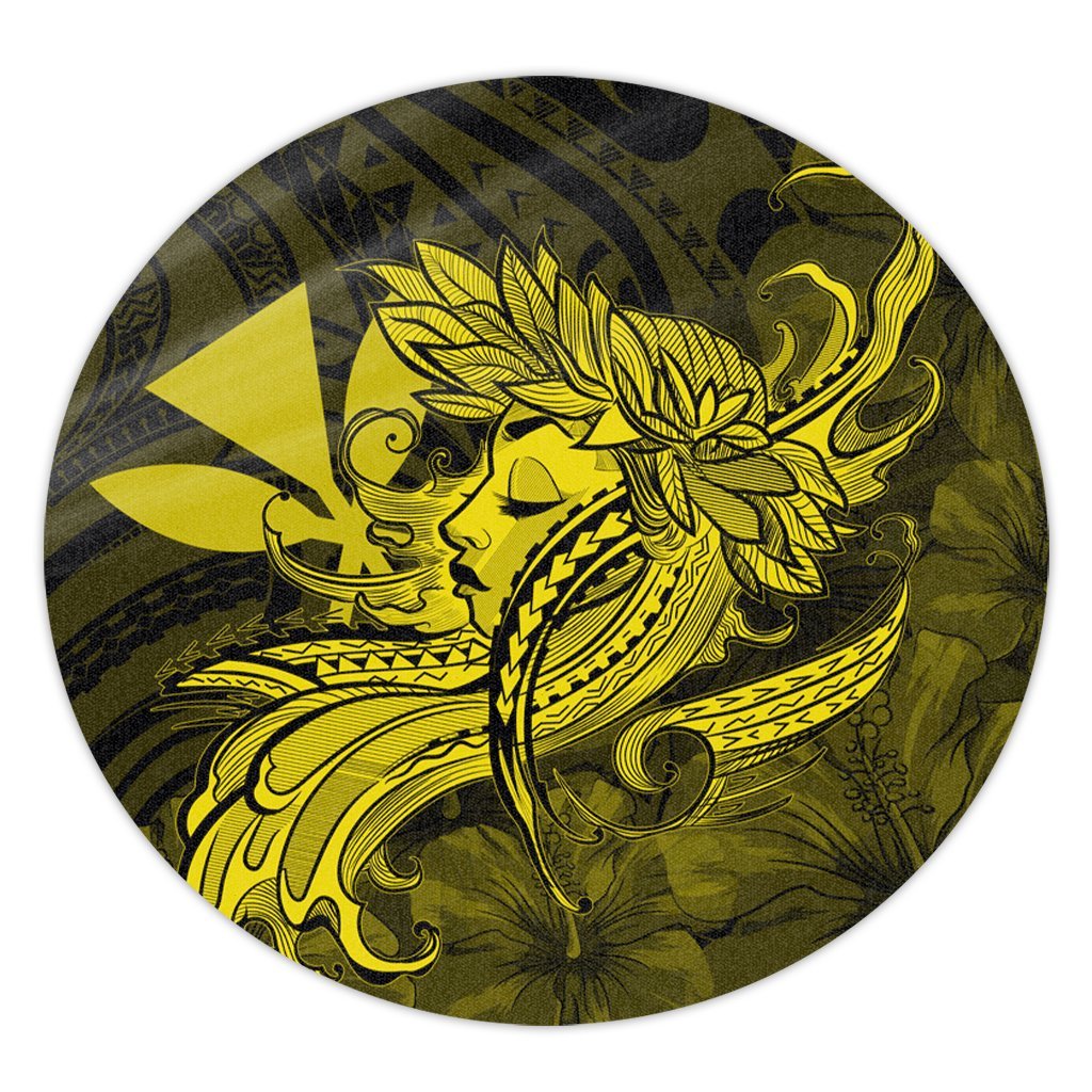 Hawaiian Map Hula Girl Hibiscus Kanaka Polynesian Round Carpet - Yellow - AH Round Carpet Luxurious Plush - Polynesian Pride