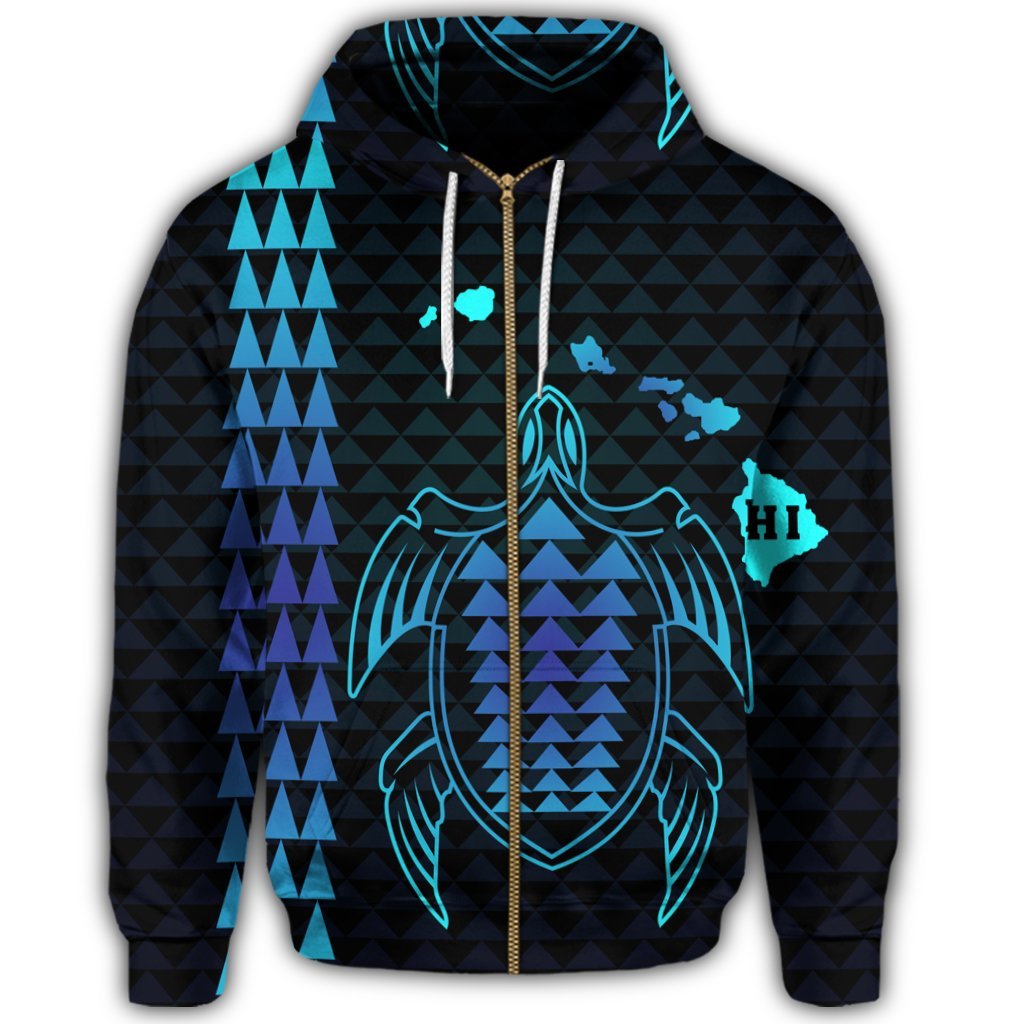 Hawaiian Map Kakau Turtle Polynesian Zip Hoodie Blue - Polynesian Pride