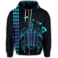 Hawaiian Map Kakau Turtle Polynesian Zip Hoodie Blue - Polynesian Pride