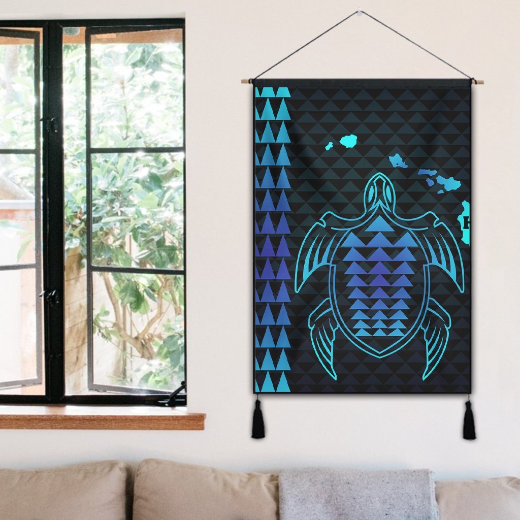 Hawaiian Map Kakau Turtle Polynesian Hanging Poster - Blue - AH - Polynesian Pride