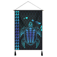 Hawaiian Map Kakau Turtle Polynesian Hanging Poster - Blue - AH Hanging Poster Cotton And Linen - Polynesian Pride