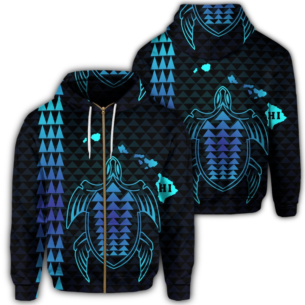 Hawaiian Map Kakau Turtle Polynesian Zip Hoodie Blue Unisex Art - Polynesian Pride