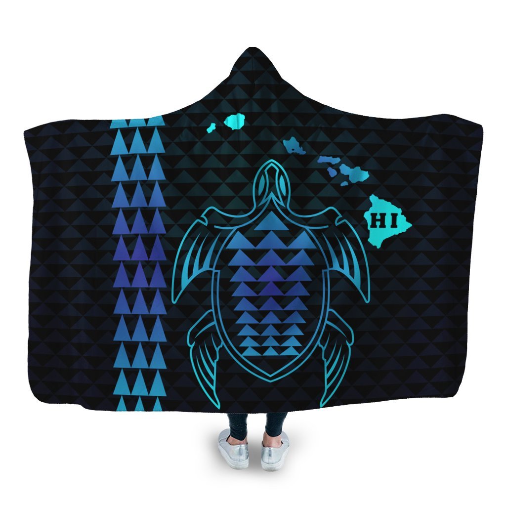 Hawaiian Map Kakau Turtle Polynesian Hooded Blanket - Blue - AH Hooded Blanket White - Polynesian Pride