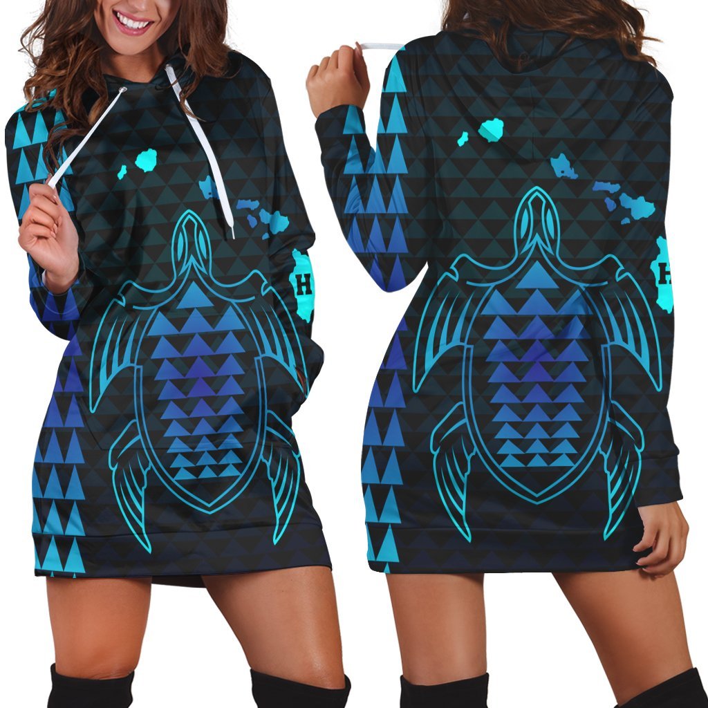 Hawaiian Map Kakau Turtle Polynesian Hoodie Dress - Blue - AH Black - Polynesian Pride