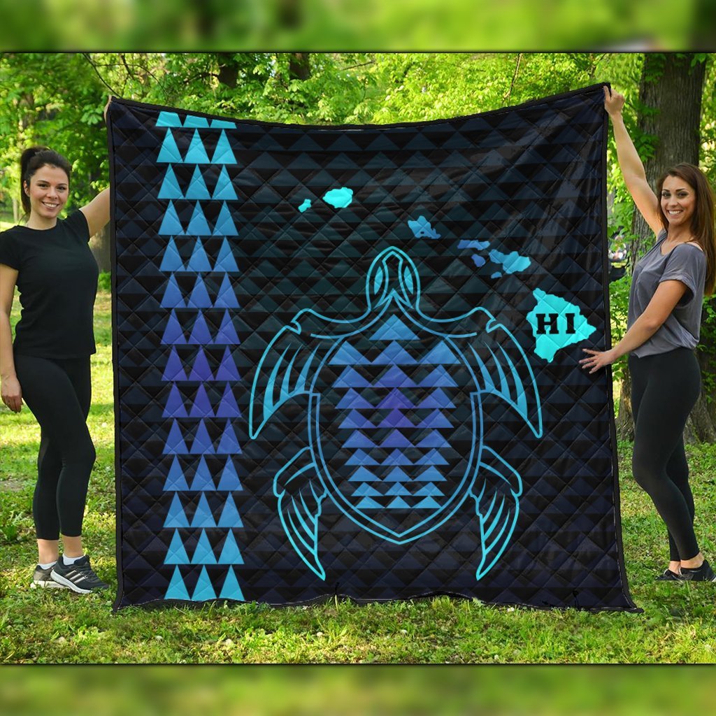 Hawaiian Map Kakau Turtle Polynesian Premium Quilts - Blue - AH Black - Polynesian Pride