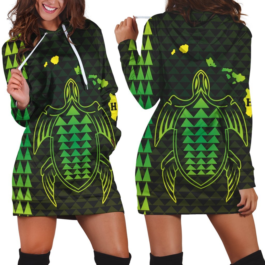 Hawaiian Map Kakau Turtle Polynesian Hoodie Dress - Green - AH Black - Polynesian Pride