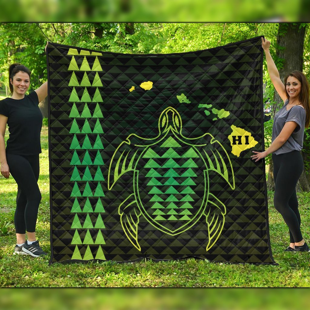 Hawaiian Map Kakau Turtle Polynesian Premium Quilts - Green - AH Black - Polynesian Pride