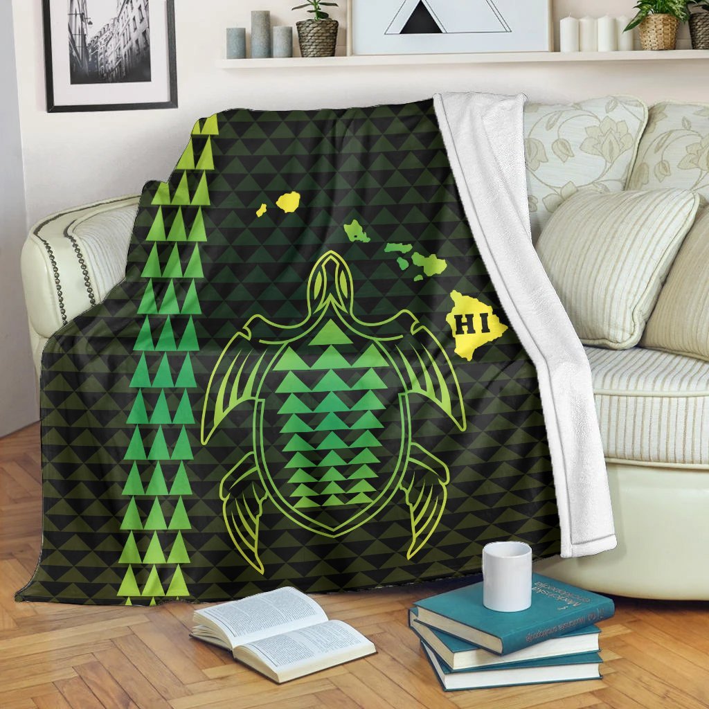 Hawaiian Map Kakau Turtle Polynesian Premium Blankets - Green - AH White - Polynesian Pride