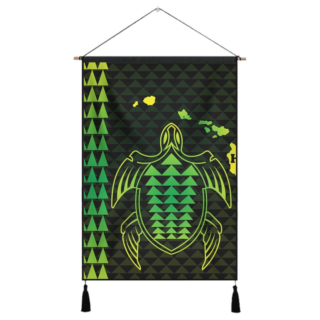 Hawaiian Map Kakau Turtle Polynesian Hanging Poster - Green - AH Hanging Poster Cotton And Linen - Polynesian Pride