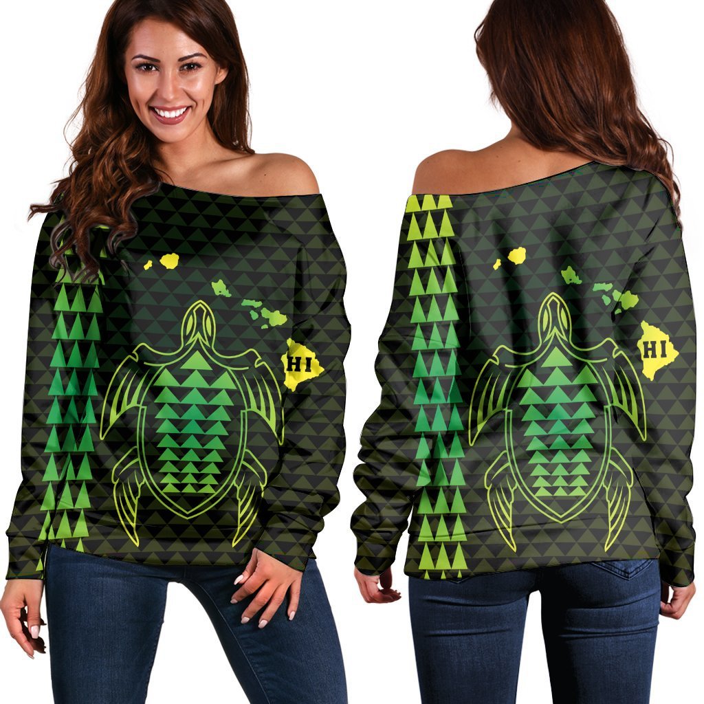 Hawaiian Map Kakau Turtle Polynesian Women's Off Shoulder Sweater - Green - AH Black - Polynesian Pride