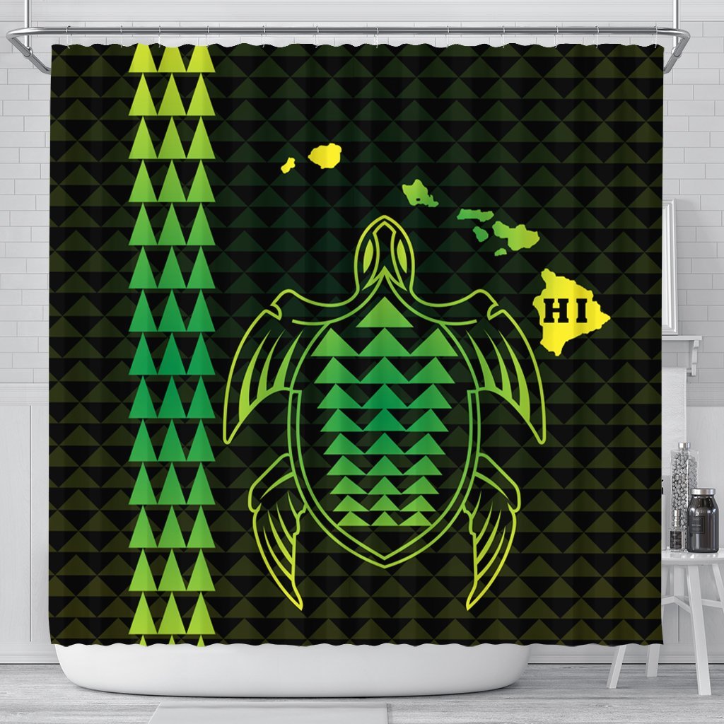 Hawaiian Map Kakau Turtle Polynesian Shower Curtain - Green - AH 177 x 172 (cm) Black - Polynesian Pride