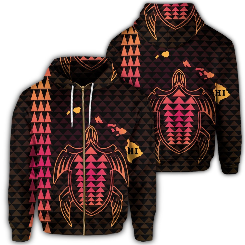 Hawaiian Map Kakau Turtle Polynesian Zip Hoodie Orange Unisex Art - Polynesian Pride