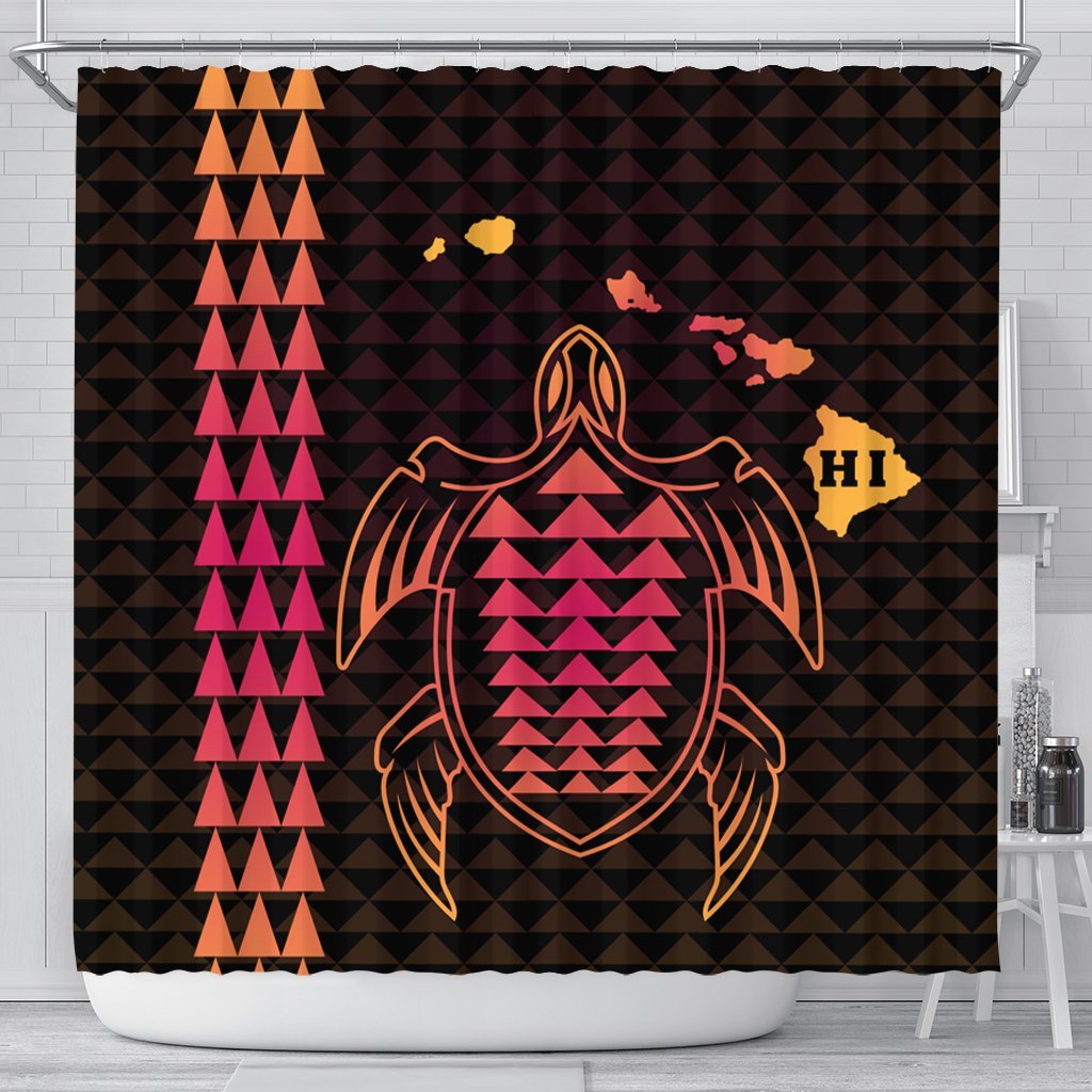 Hawaiian Map Kakau Turtle Polynesian Shower Curtain - Orange - AH 177 x 172 (cm) Black - Polynesian Pride