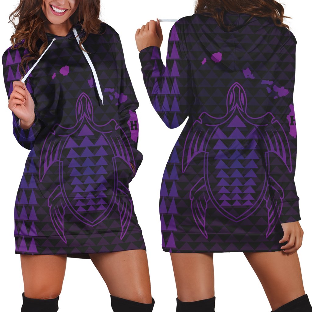 Hawaiian Map Kakau Turtle Polynesian Hoodie Dress - Purple - AH Black - Polynesian Pride