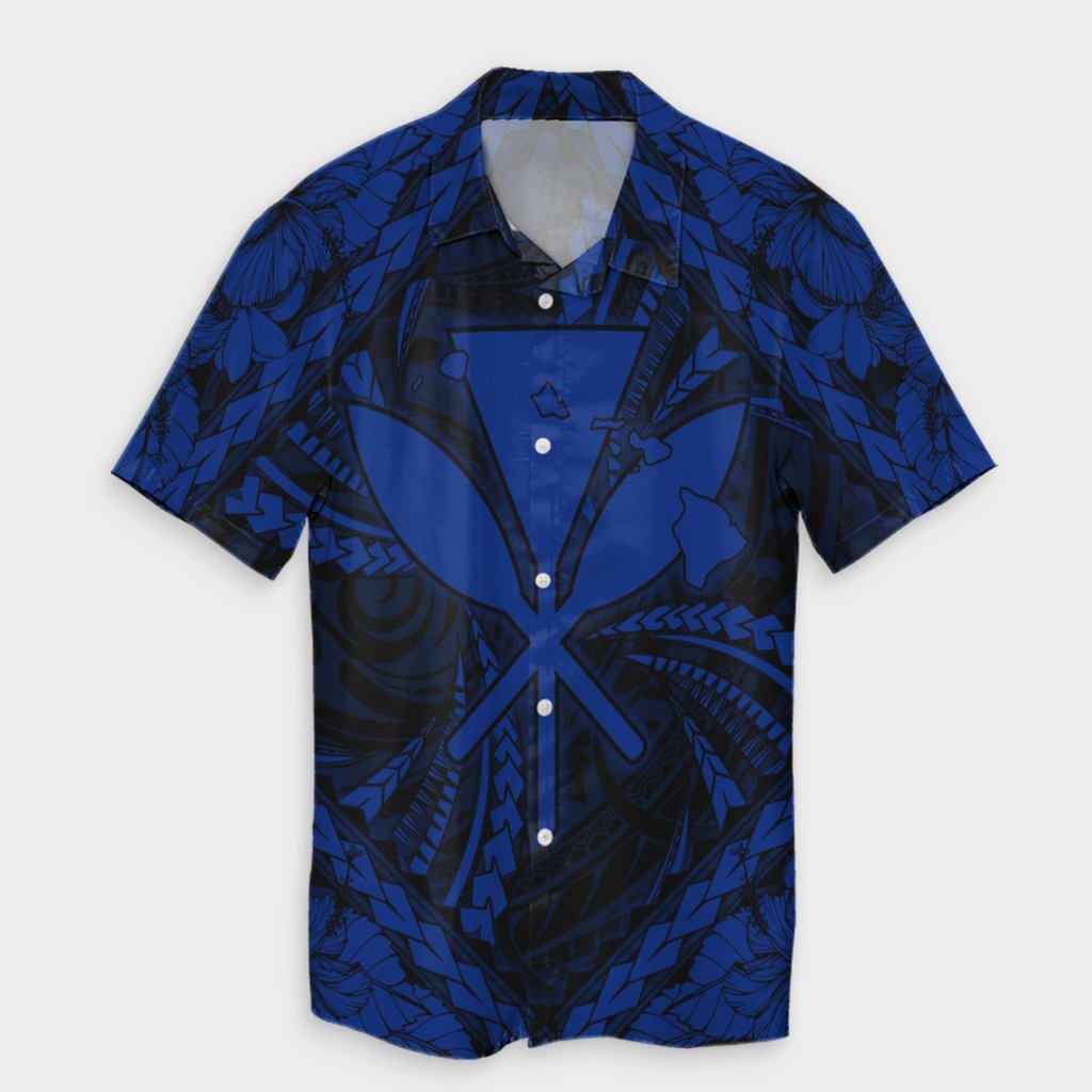 Hawaiian Map Kanaka Hibiscus Blue Polynesian Hawaiian Shirt - AH Unisex Black - Polynesian Pride