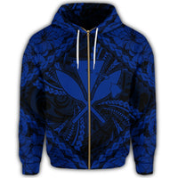 Hawaiian Map Kanaka Hibiscus Blue Polynesian Zip Hoodie - Polynesian Pride