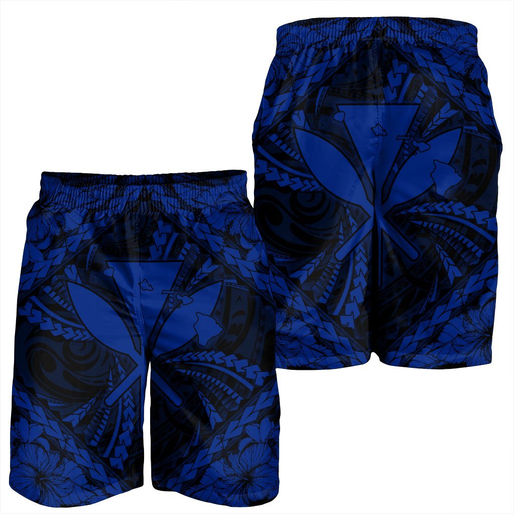 Hawaiian Map Kanaka Hibiscus Blue Polynesian Men's Shorts - AH - Polynesian Pride
