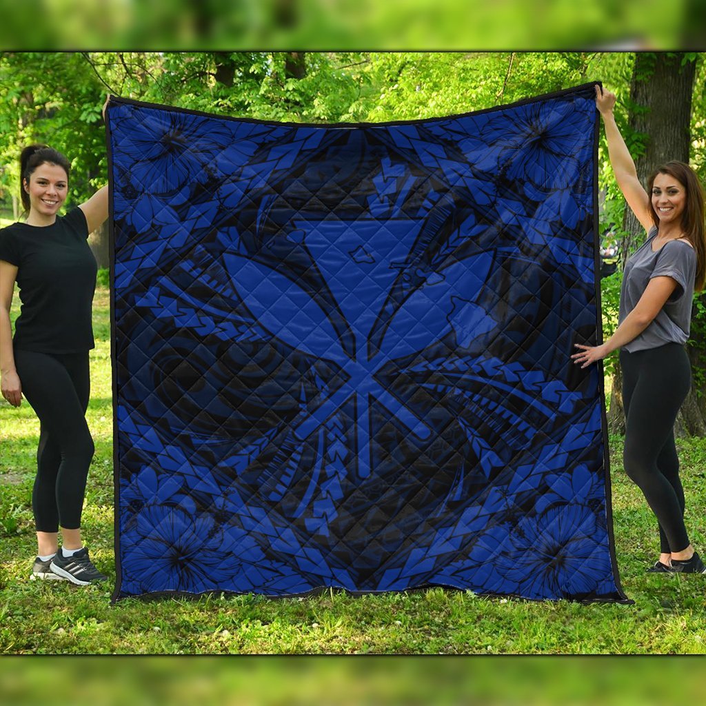 Hawaiian Map Kanaka Hibiscus Blue Polynesian Premium Quilts - AH Black - Polynesian Pride