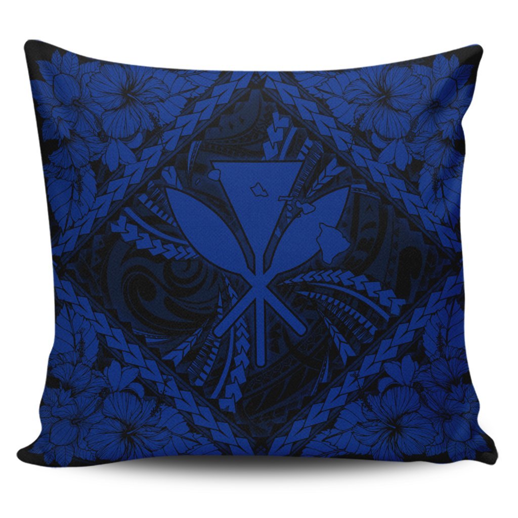 Hawaiian Map Kanaka Hibiscus Blue Polynesian Pillow Covers - AH Pillow Covers Black - Polynesian Pride