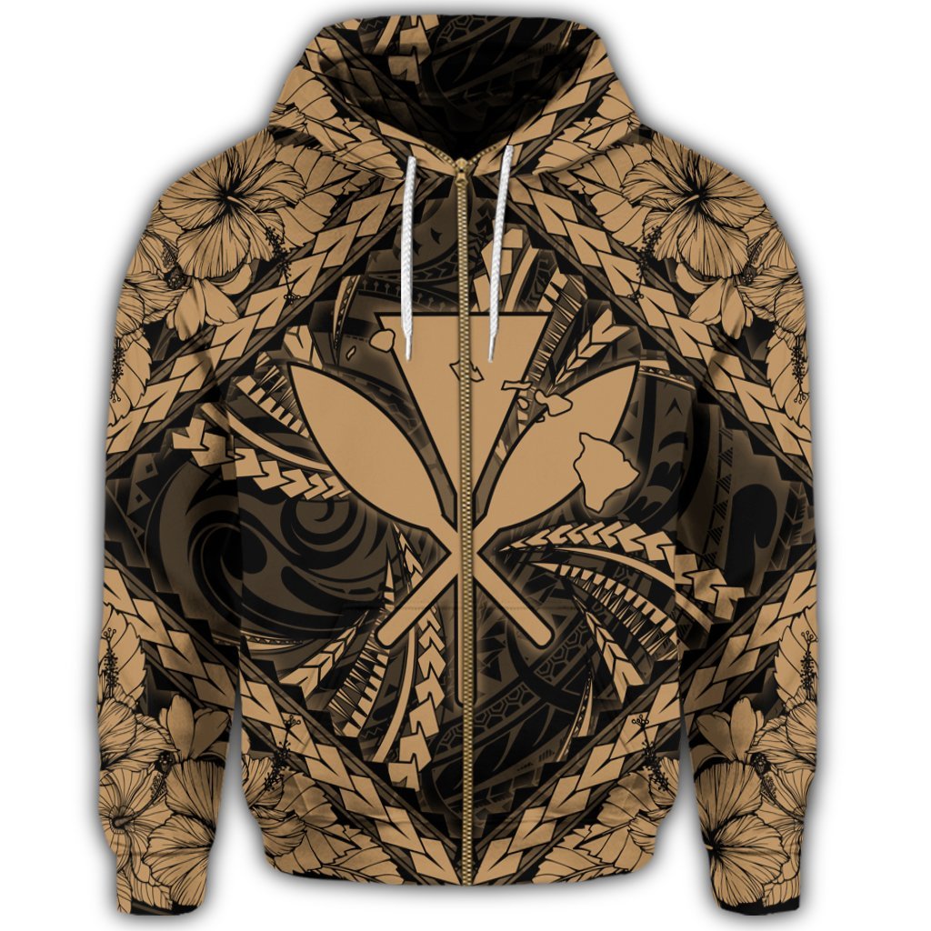 Hawaiian Map Kanaka Hibiscus Gold Polynesian Zip Hoodie - Polynesian Pride