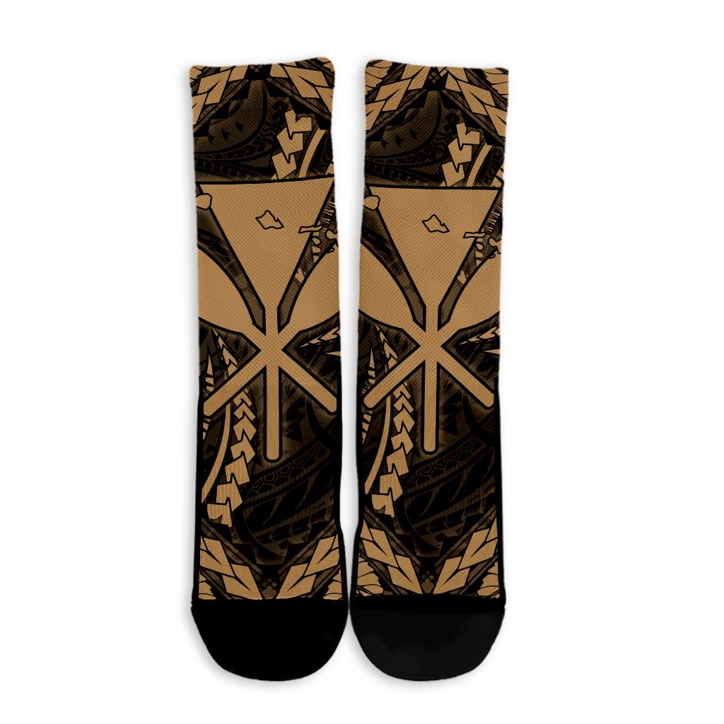 Hawaiian Map Kanaka Hibiscus Gold Polynesian Crew Socks - AH - Polynesian Pride
