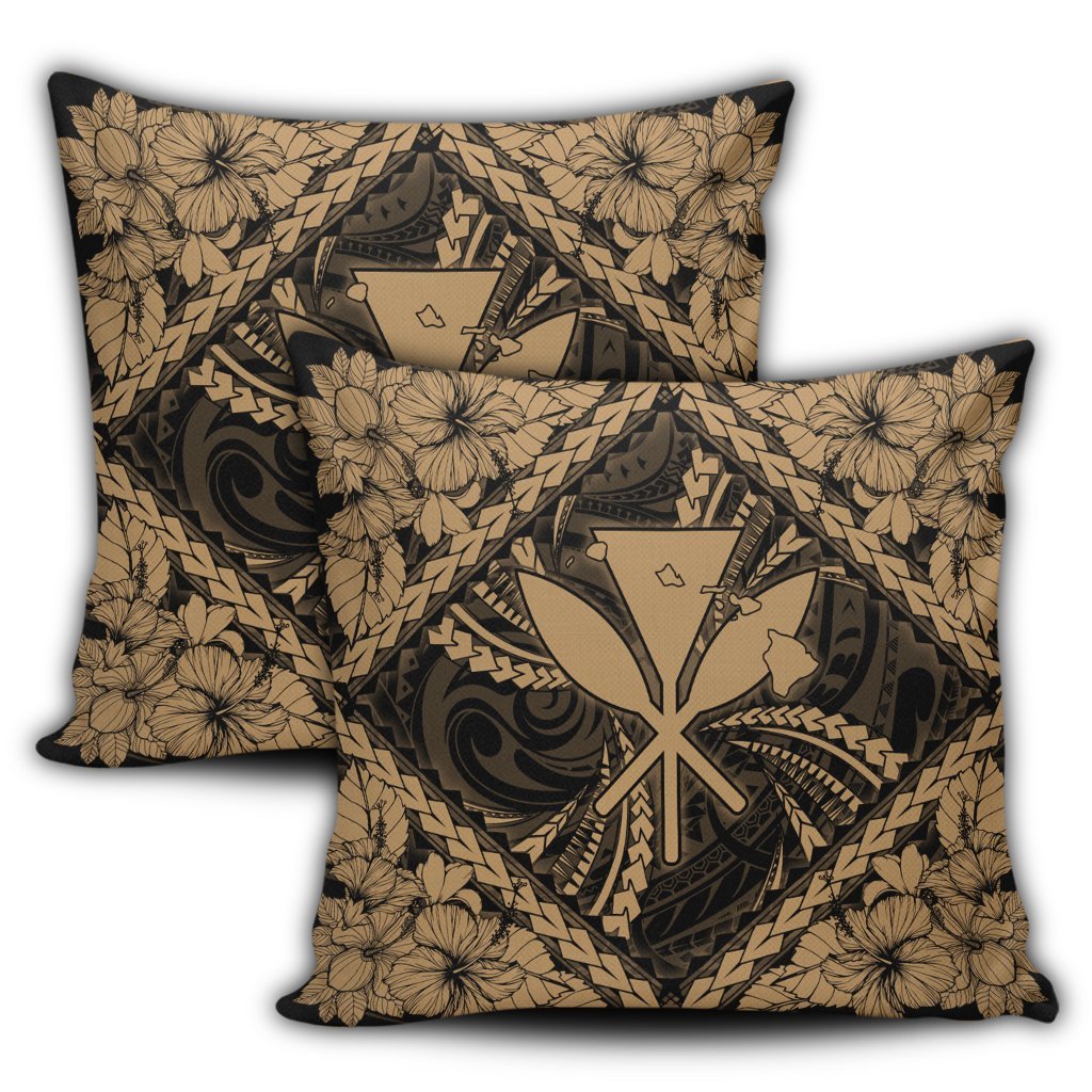 Hawaiian Map Kanaka Hibiscus Gold Polynesian Pillow Covers - AH - Polynesian Pride