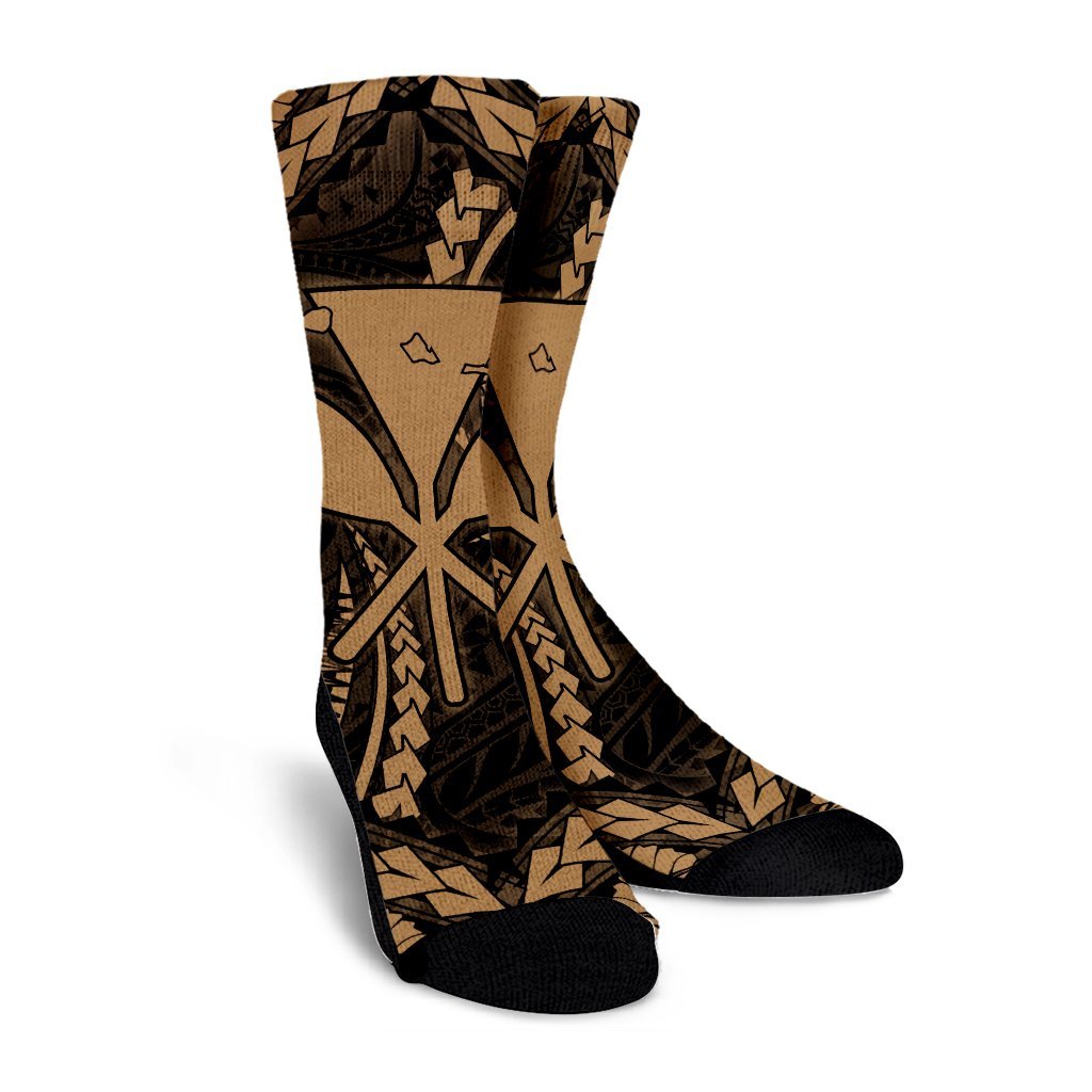 Hawaiian Map Kanaka Hibiscus Gold Polynesian Crew Socks - AH - Polynesian Pride