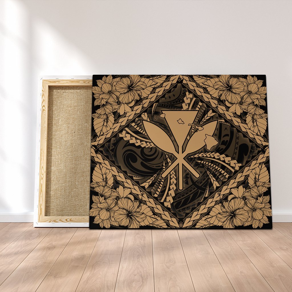 Hawaiian Map Kanaka Hibiscus Gold Polynesian Canvas - AH Canvas Poly-cotton - Polynesian Pride