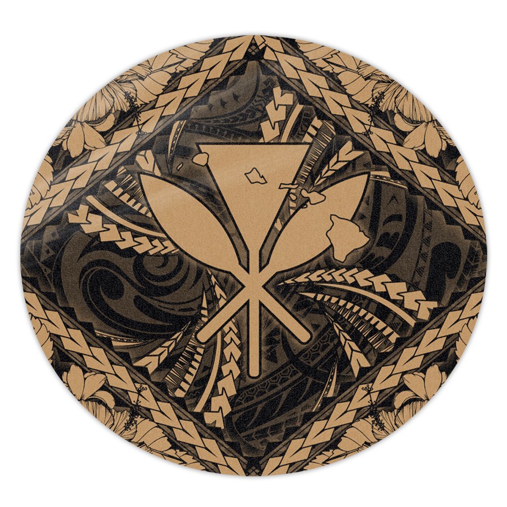 Hawaiian Map Kanaka Hibiscus Gold Polynesian Round Carpet - AH Round Carpet Luxurious Plush - Polynesian Pride