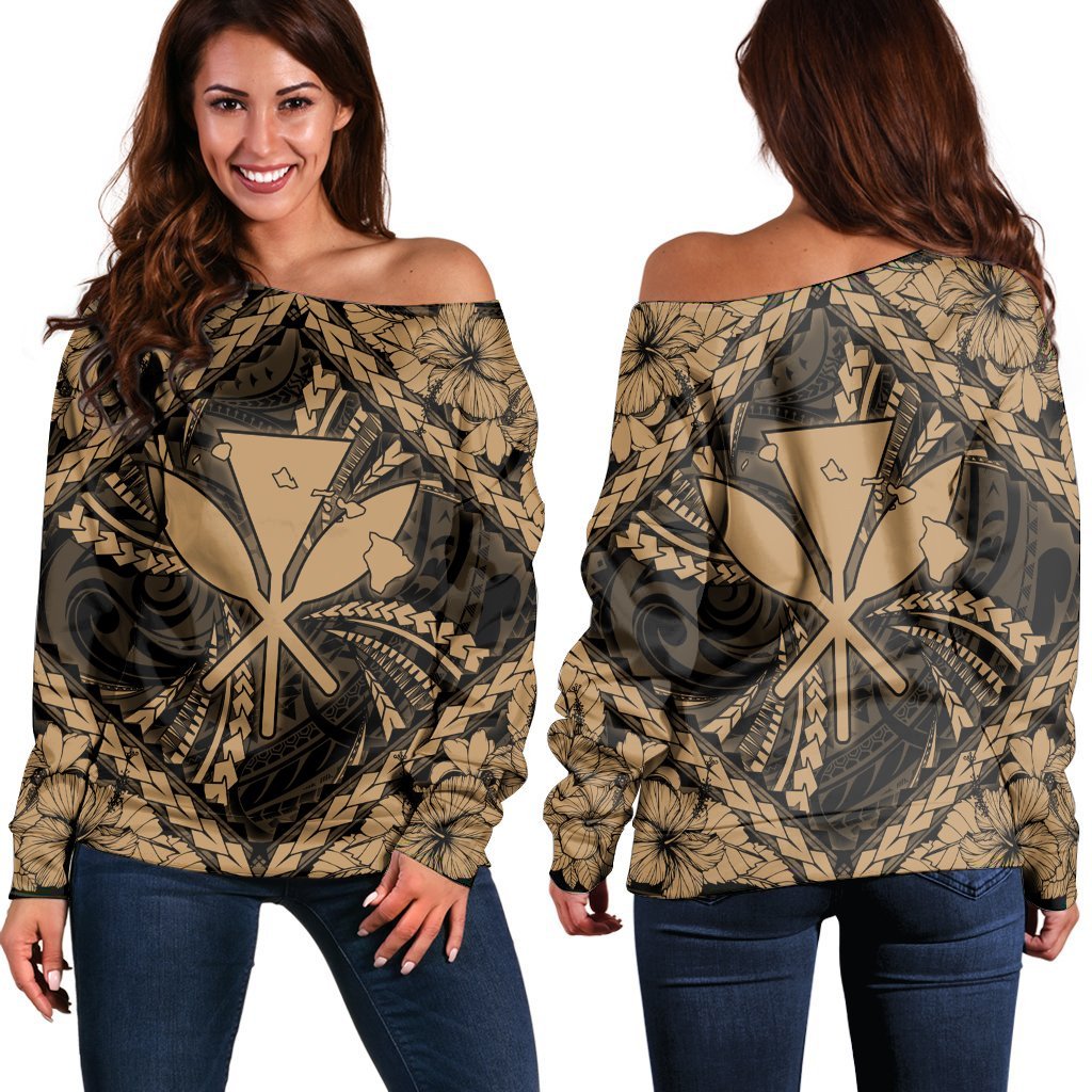 Hawaiian Map Kanaka Hibiscus Gold Polynesian Women's Off Shoulder Sweater - AH Black - Polynesian Pride