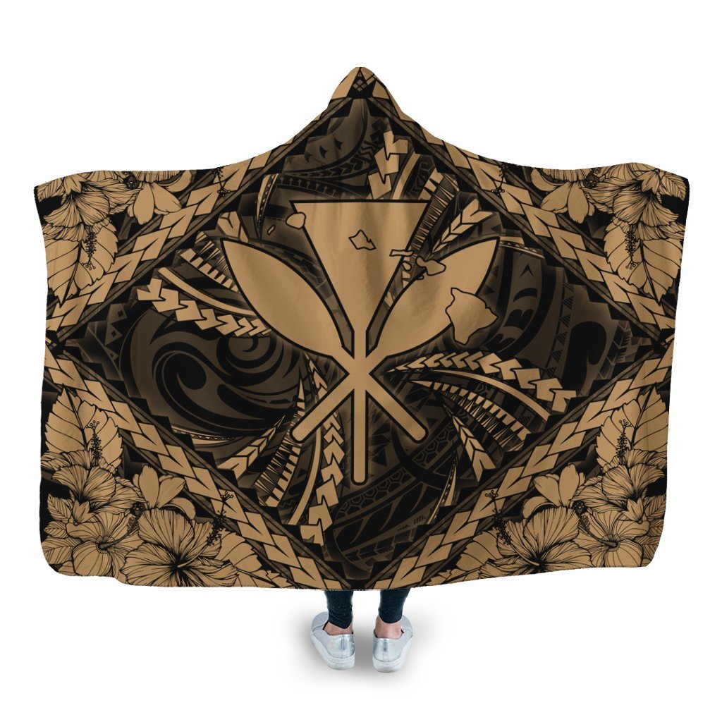 Hawaiian Map Kanaka Hibiscus Gold Polynesian Hooded Blanket - AH Hooded Blanket White - Polynesian Pride