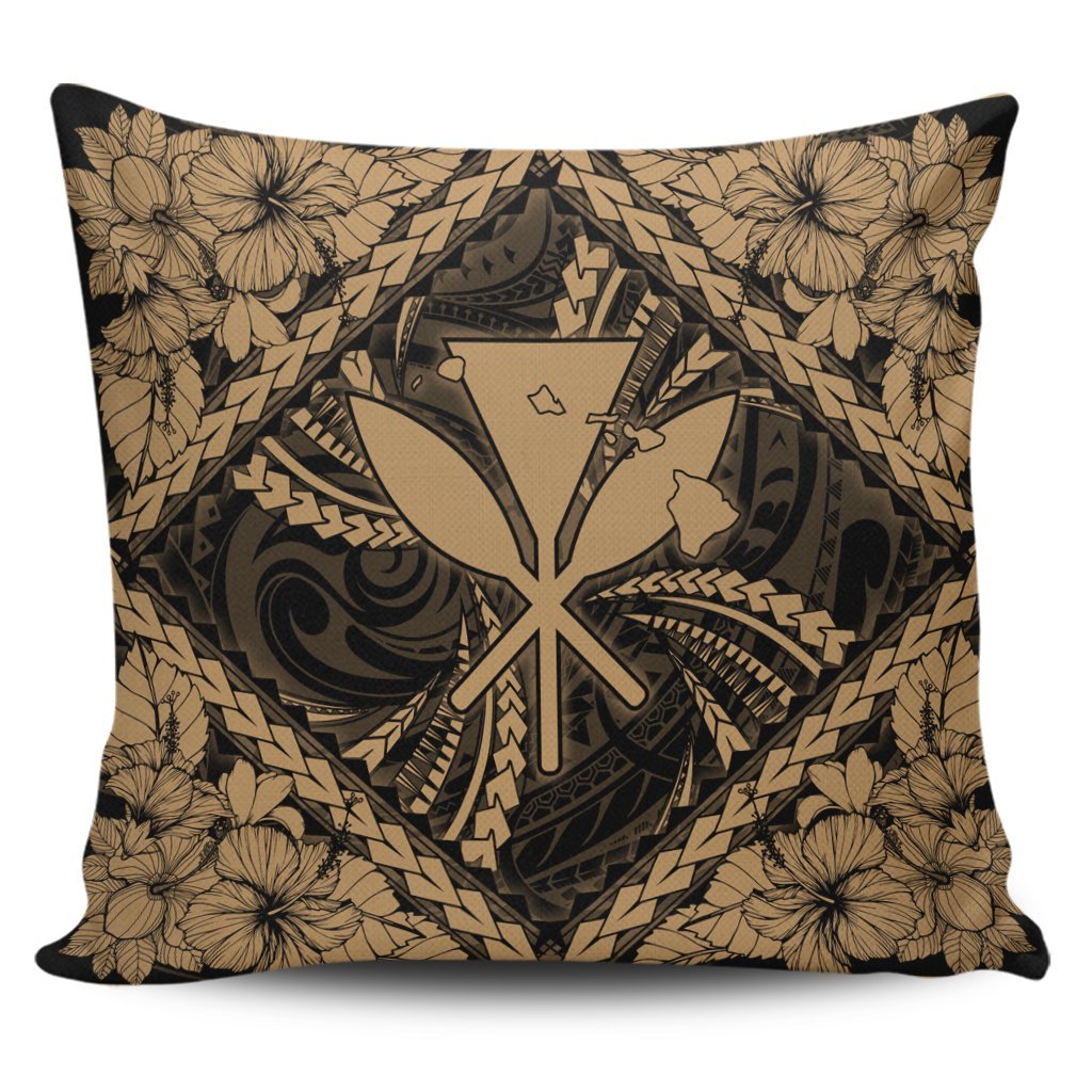 Hawaiian Map Kanaka Hibiscus Gold Polynesian Pillow Covers - AH Pillow Covers Black - Polynesian Pride