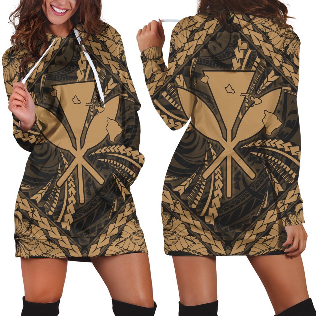 Hawaiian Map Kanaka Hibiscus Gold Polynesian Hoodie Dress - AH Black - Polynesian Pride