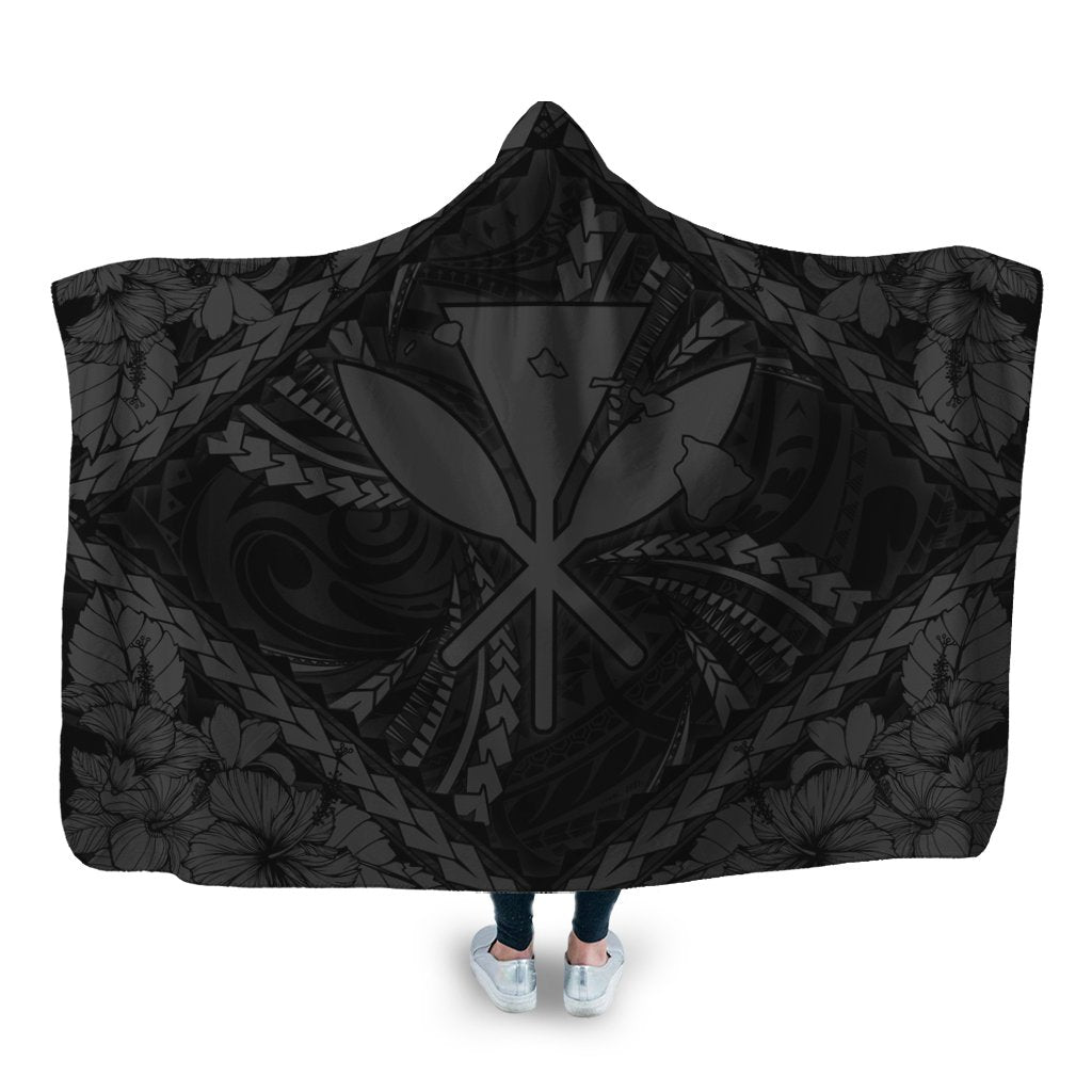 Hawaiian Map Kanaka Hibiscus Gray Polynesian Hooded Blanket - AH Hooded Blanket White - Polynesian Pride