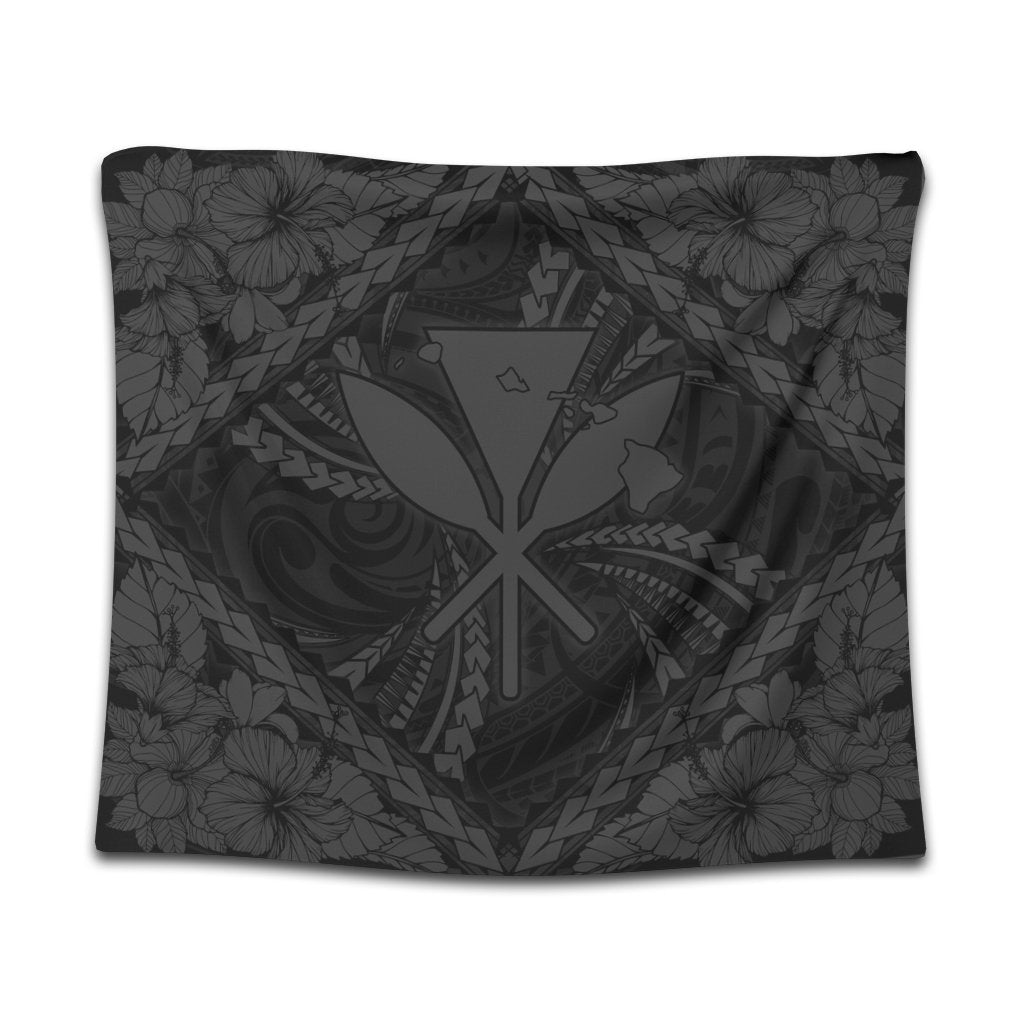 Hawaiian Map Kanaka Hibiscus Gray Polynesian Tapestry - AH Wall Tapestry Black - Polynesian Pride