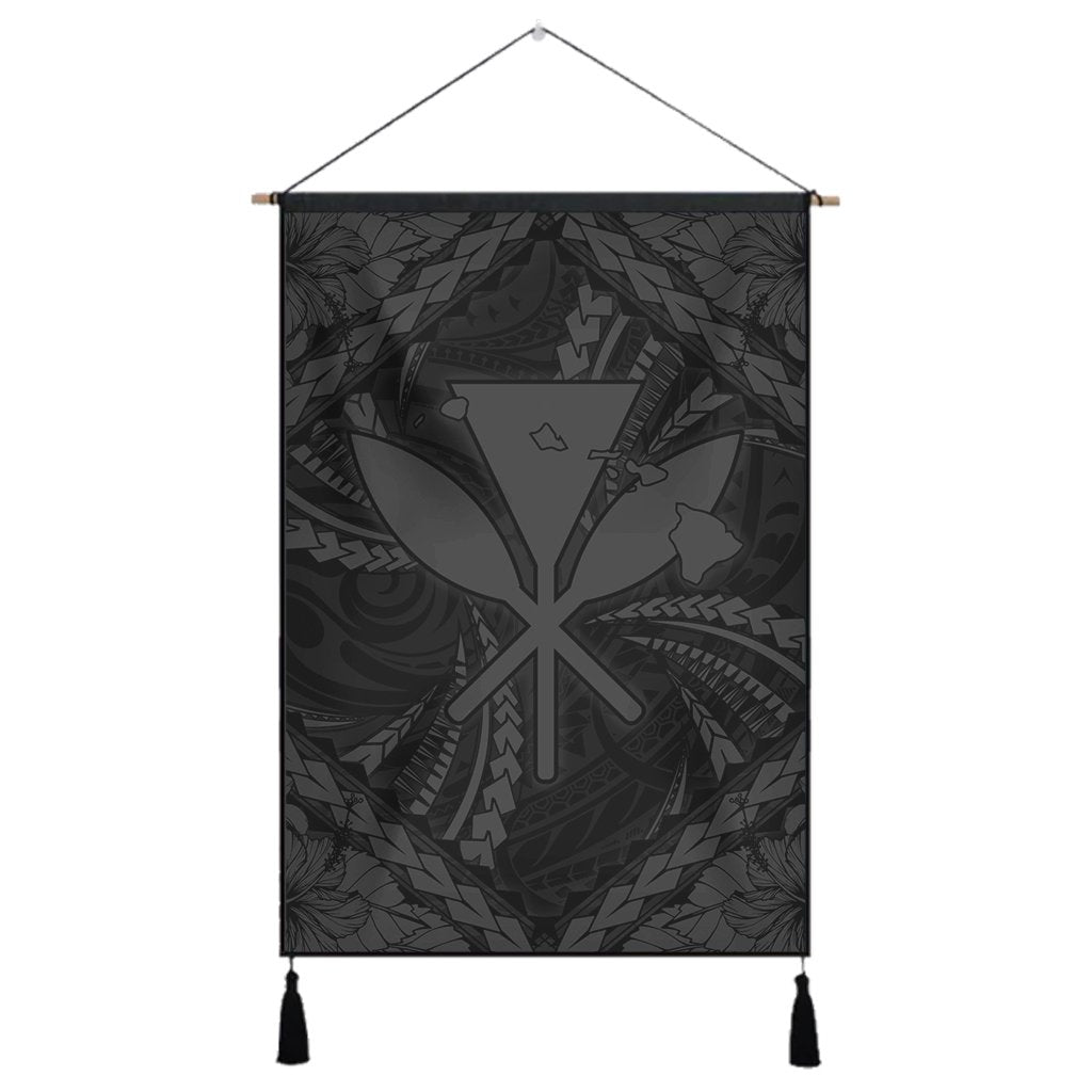 Hawaiian Map Kanaka Hibiscus Gray Polynesian Hanging Poster - AH Hanging Poster Cotton And Linen - Polynesian Pride