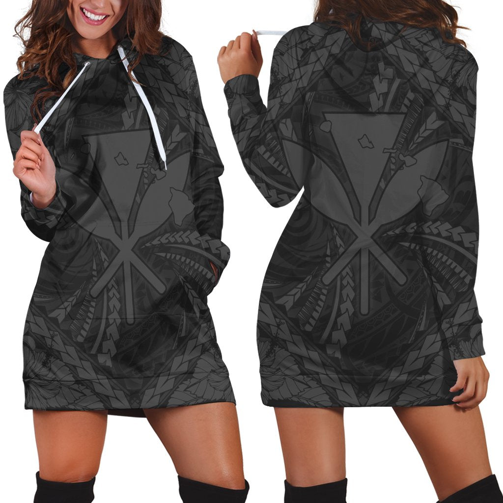 Hawaiian Map Kanaka Hibiscus Gray Polynesian Hoodie Dress - AH Black - Polynesian Pride