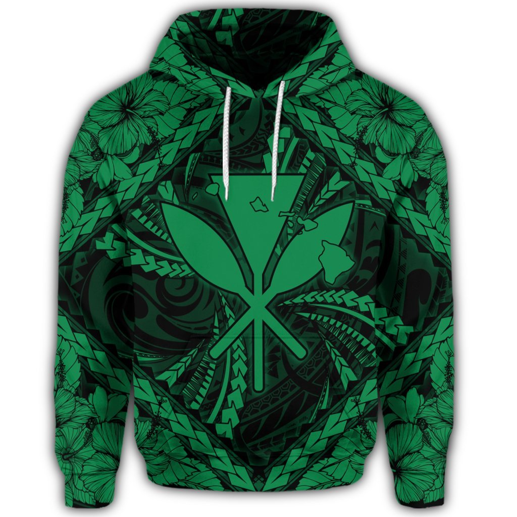 Hawaiian Map Kanaka Hibiscus Green Polynesian Hoodie - Polynesian Pride