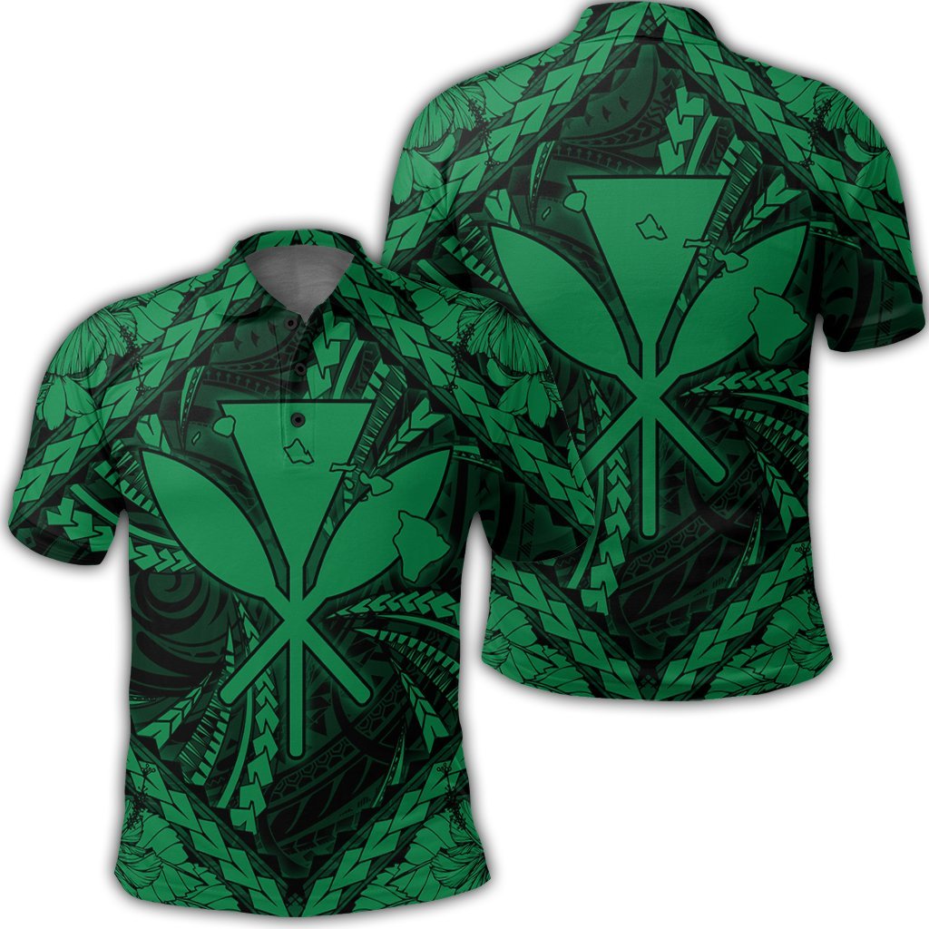 Hawaiian Map Kanaka Hibiscus Green Polynesian Polo Shirt Unisex Black - Polynesian Pride