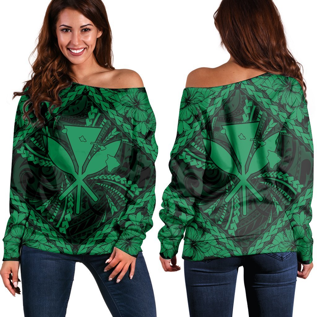 Hawaiian Map Kanaka Hibiscus Green Polynesian Women's Off Shoulder Sweater - AH Black - Polynesian Pride