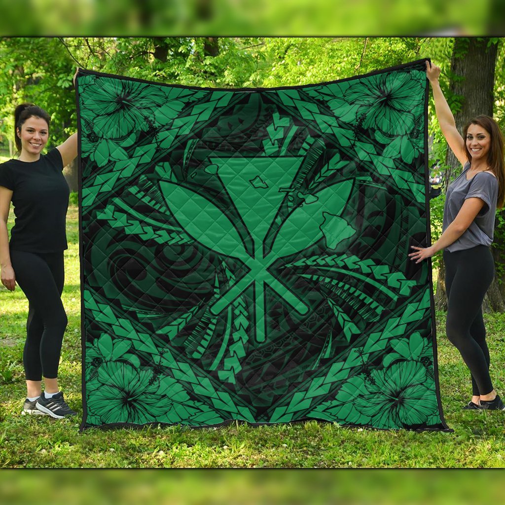 Hawaiian Map Kanaka Hibiscus Green Polynesian Premium Quilts - AH Black - Polynesian Pride